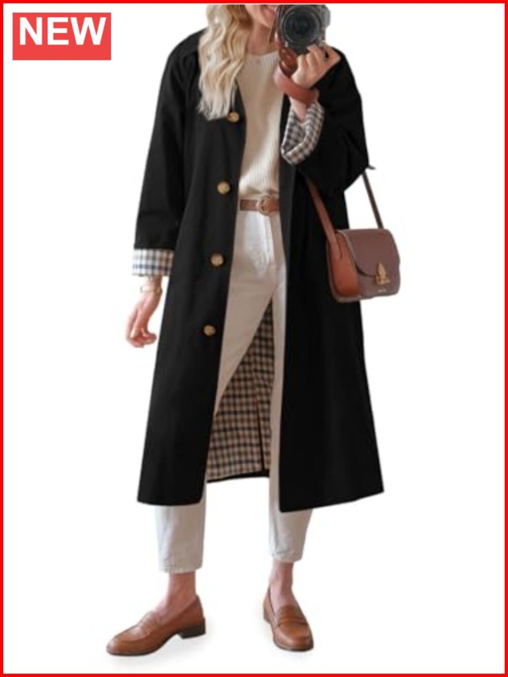 Women's Oversized Long Trench Coat Windproof with Plaid Lining
